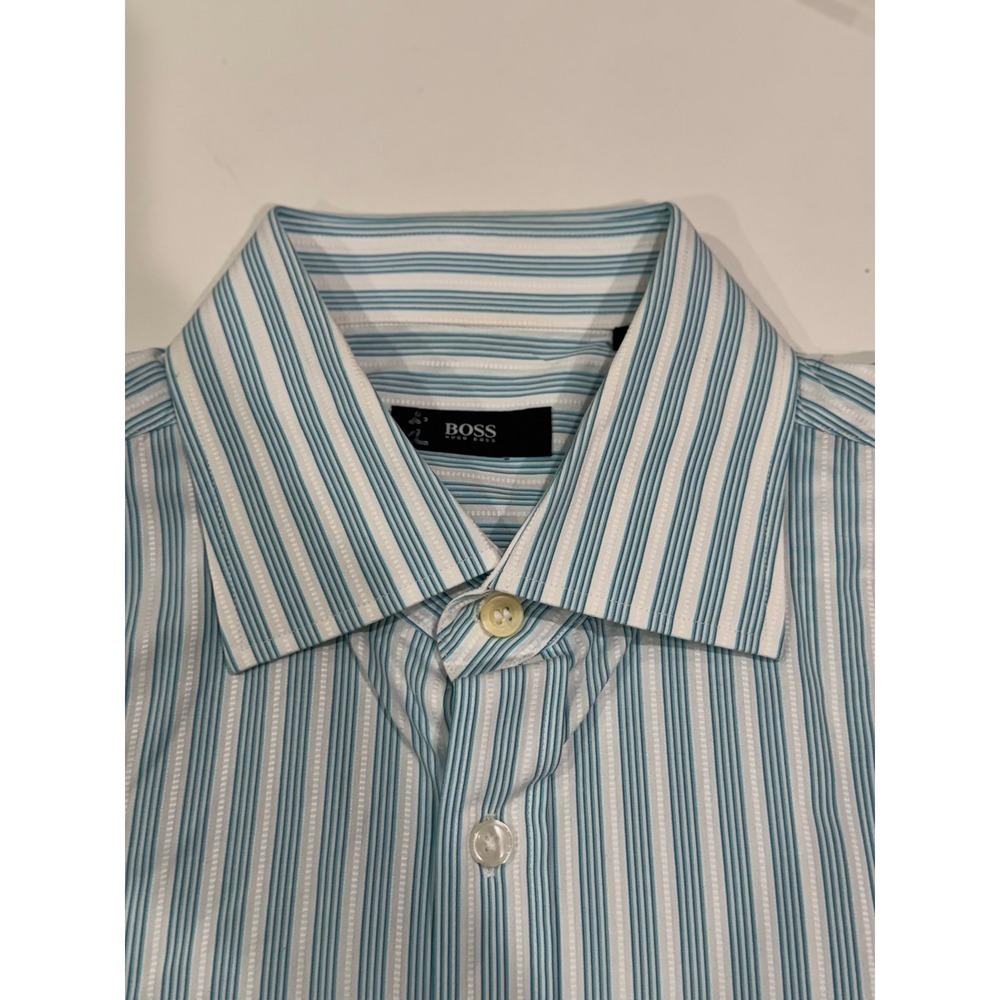 Hugo Boss Mens Teal White Striped Cotton Dress Shirt 15.5 32/33 Long Sleeve - Picture 5 of 12